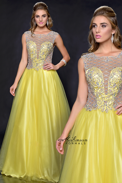 Designer Milano Formals lace long prom dress.