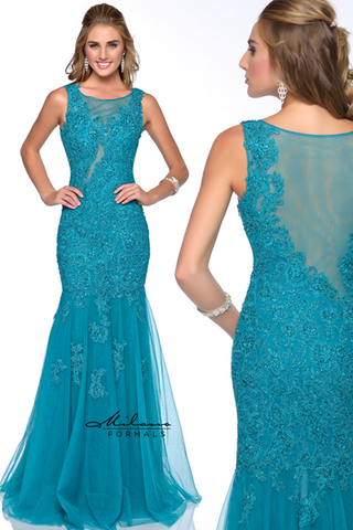 Designer Milano Formals lace long prom dress.