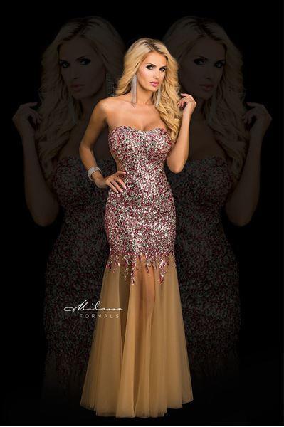 Designer Milano Formals lace long prom dress.