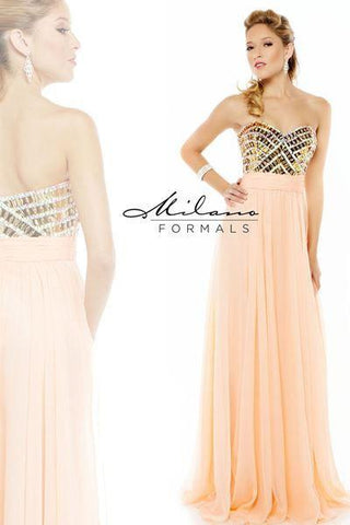 Designer Milano Formals lace long prom dress.