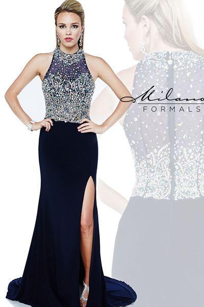 Designer Milano Formals lace long prom dress.
