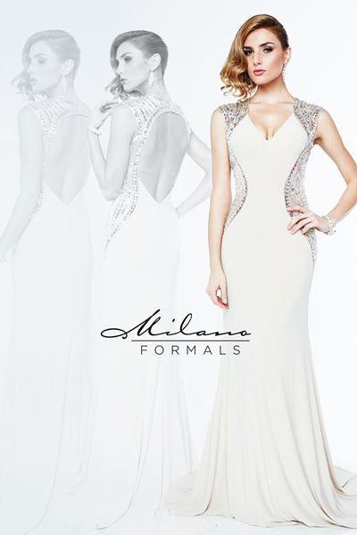 Designer Milano Formals lace long prom dress.