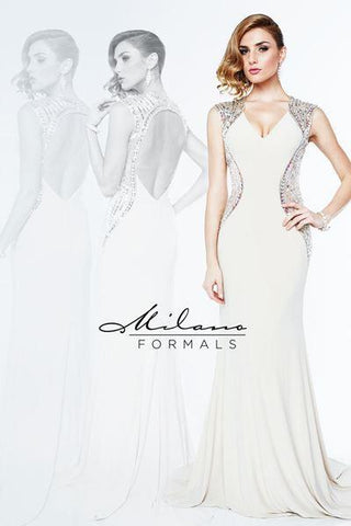 Designer Milano Formals lace long prom dress.