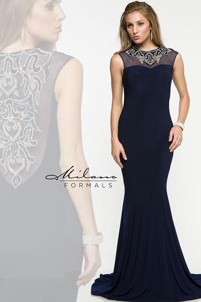 Designer Milano Formals lace long prom dress.