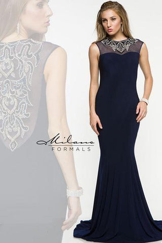Designer Milano Formals lace long prom dress.
