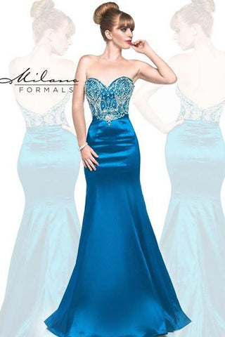 Designer Milano Formals lace long prom dress.