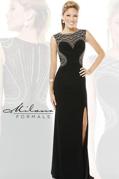 Designer Milano Formals lace long prom dress.