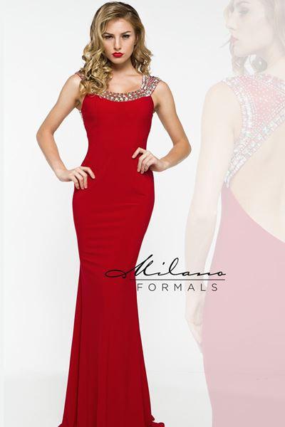 Designer Milano Formals lace long prom dress.
