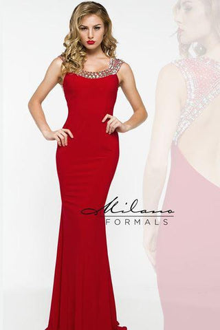 Designer Milano Formals lace long prom dress.