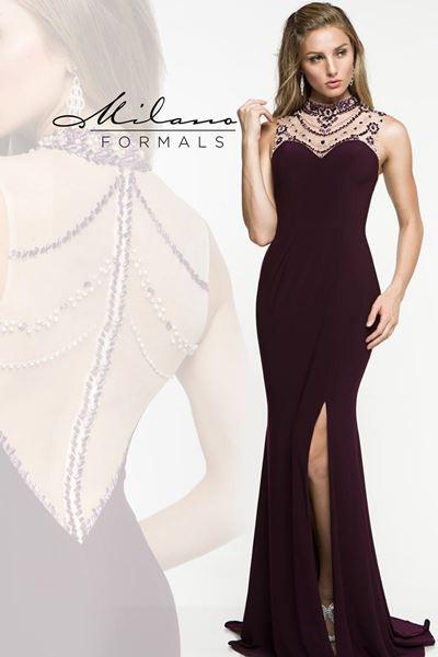Designer Milano Formals lace long prom dress.