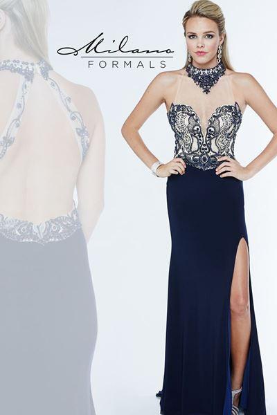 Designer Milano Formals lace long prom dress.