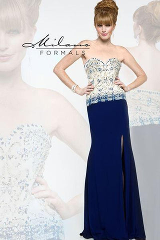 Designer Milano Formals lace long prom dress.