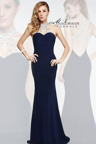 Designer Milano Formals black lace long prom dress.