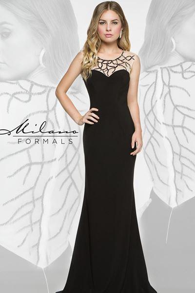 Designer Milano Formals black lace long prom dress.