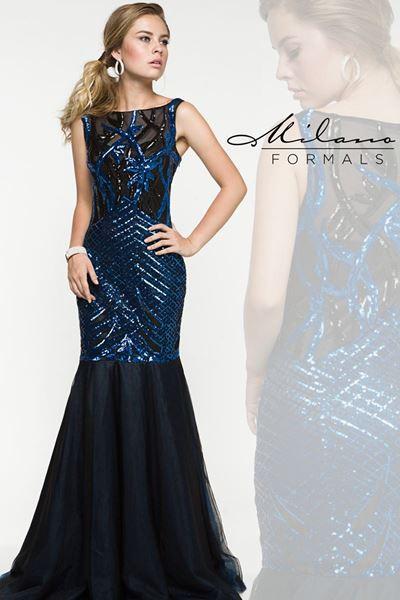Designer Milano Formals black lace long prom dress.