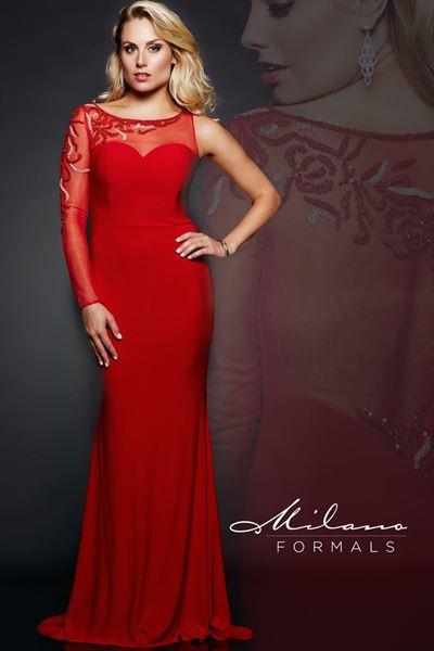 Designer Milano Formals black lace long prom dress.