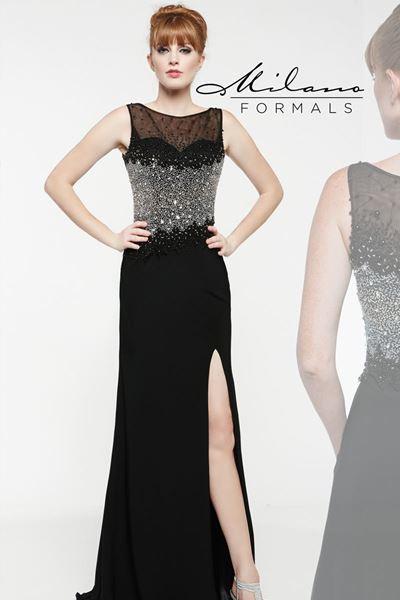Designer Milano Formals black lace long prom dress.