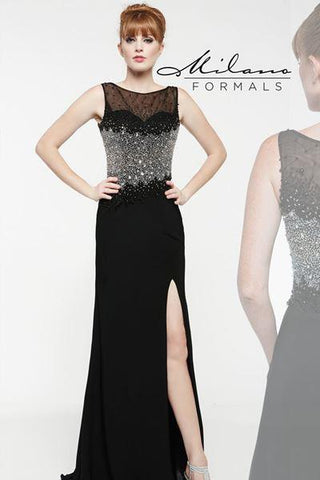Designer Milano Formals black lace long prom dress.