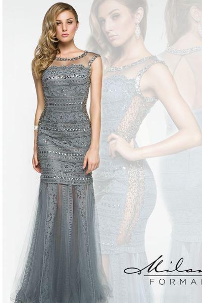 Designer Milano Formals black lace long prom dress.