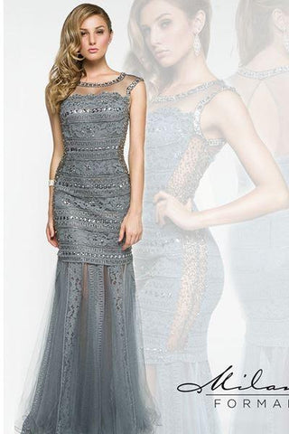 Designer Milano Formals black lace long prom dress.