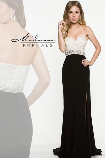 Designer Milano Formals black lace long prom dress.