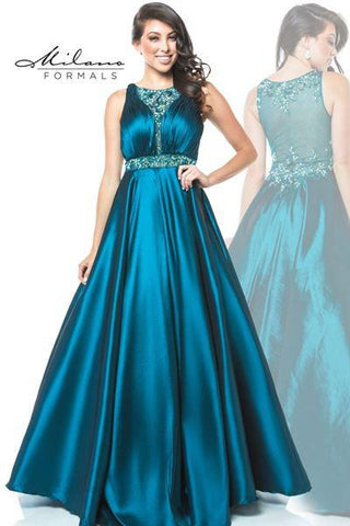 Designer Milano Formals lace long prom dress.