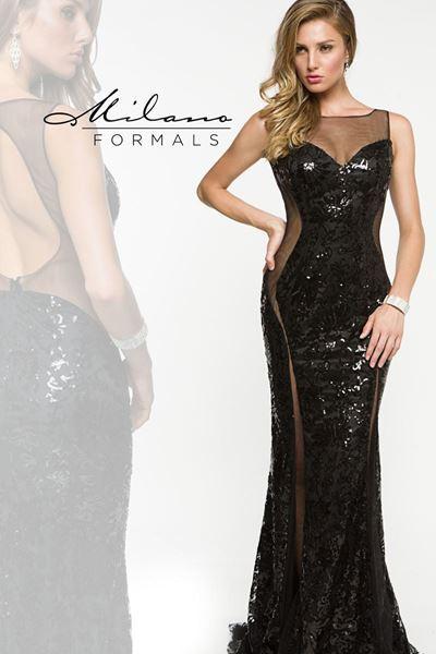 Designer Milano Formals black lace long prom dress.