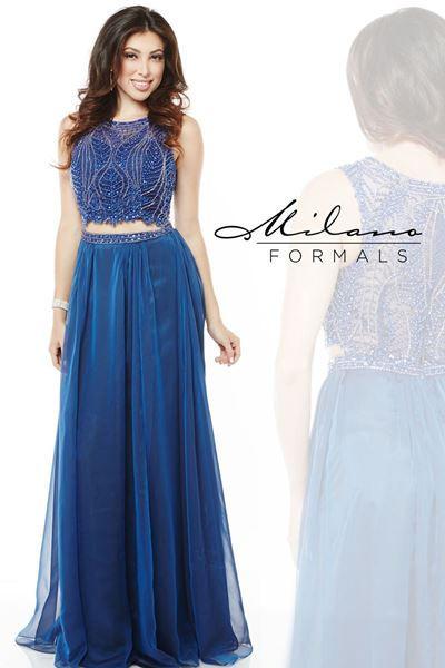 Designer Milano Formals lace long prom dress.