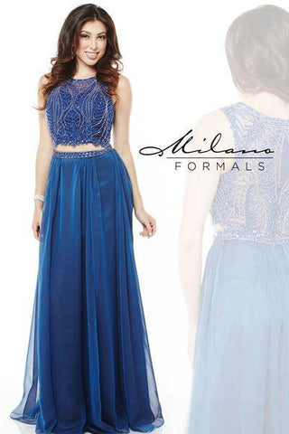 Designer Milano Formals lace long prom dress.