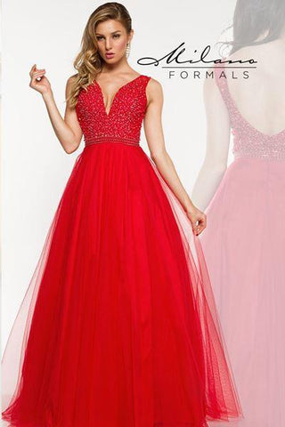 Designer Milano Formals lace long prom dress.
