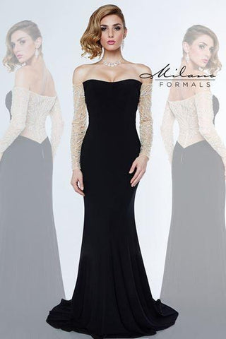 Designer Milano Formals lace long prom dress.