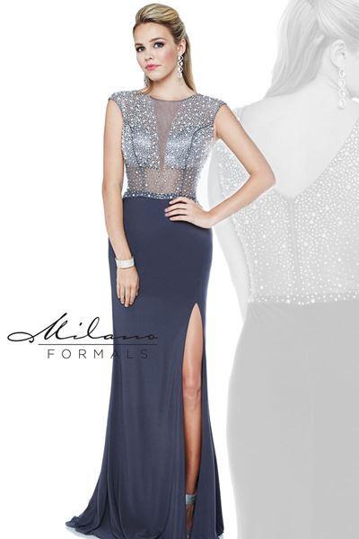Designer Milano Formals lace long prom dress.