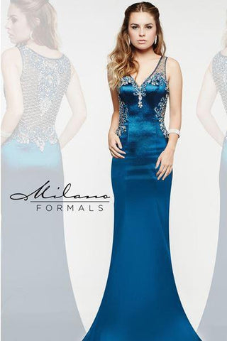 Designer Milano Formals lace long prom dress.