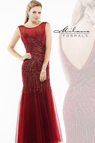 Designer Milano Formals lace long prom dress.