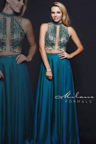 Designer Milano Formals lace long prom dress.
