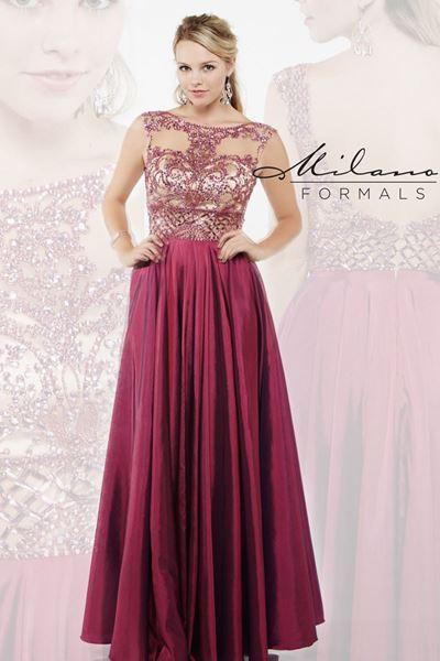 Designer Milano Formals lace long prom dress.