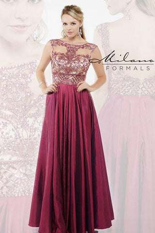 Designer Milano Formals lace long prom dress.
