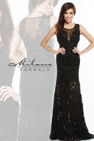 Designer Milano Formals lace long prom dress.