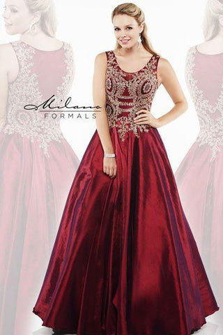 Designer Milano Formals lace long prom dress.