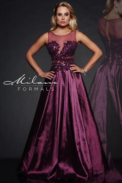 Designer Milano Formals lace long prom dress.