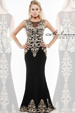 Designer Milano Formals lace long prom dress.