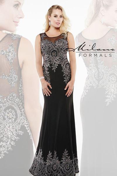 Designer Milano Formals lace long prom dress.