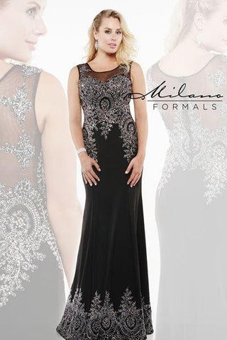 Designer Milano Formals lace long prom dress.