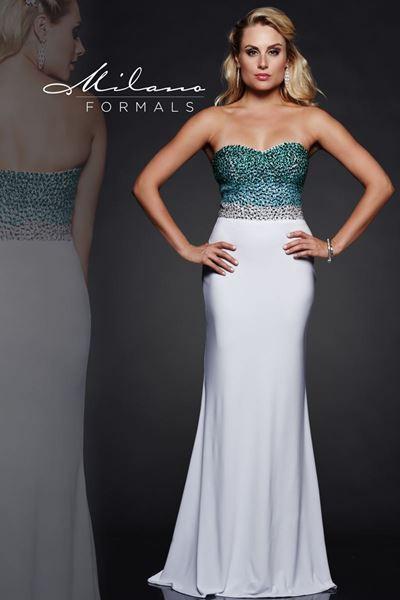 Designer Milano Formals lace long prom dress.