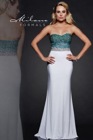 Designer Milano Formals lace long prom dress.