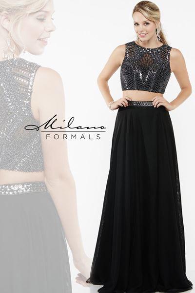 Designer Milano Formals lace long prom dress.