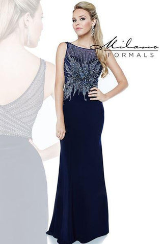 Designer Milano Formals lace long prom dress.