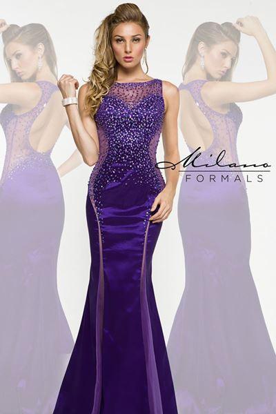 Designer Milano Formals lace long prom dress.