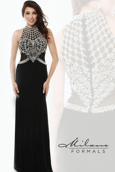 Designer Milano Formals lace long prom dress.