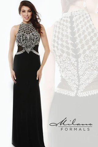 Designer Milano Formals lace long prom dress.